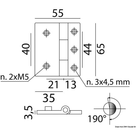 
Charnière laiton chromé fixation goujons 65x55 mm 
